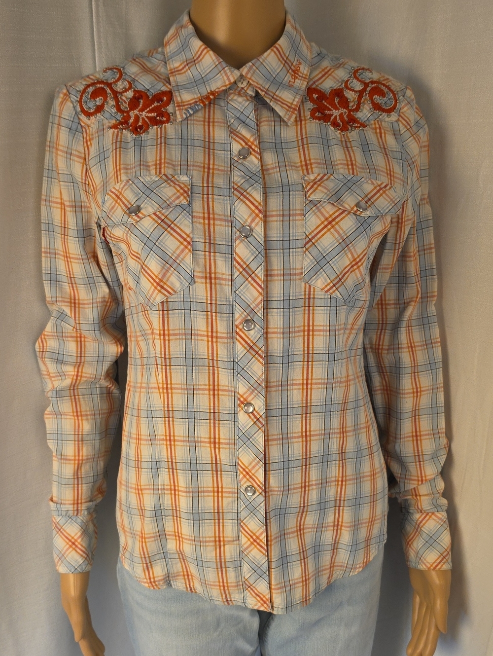 Vigoss 100% Cotton Plaid Western Snap Shirt in Orange & Light Blue Size Large